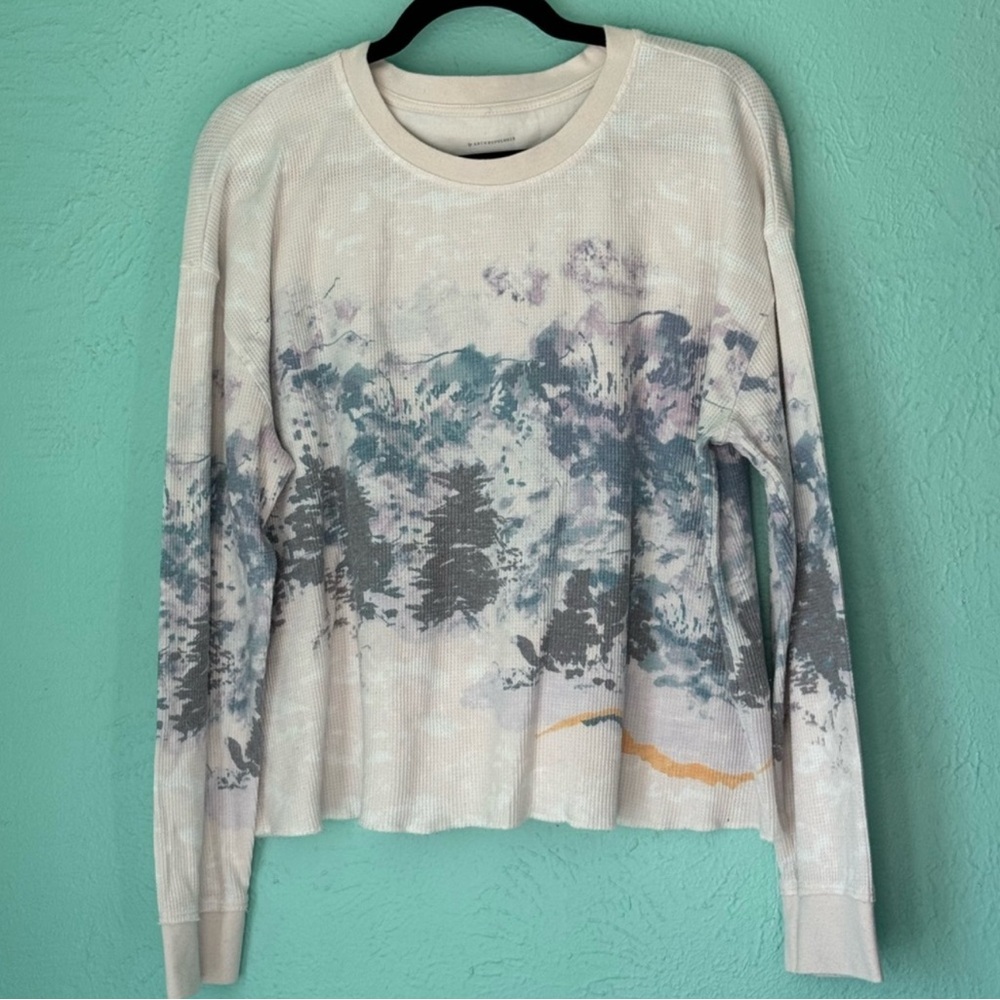 Anthropologie Mountain Scape Cream and Blue Long Sleeve Top Size L
